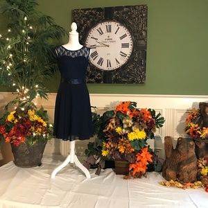 Short navy blue Lace chiffon bridesmaid dress